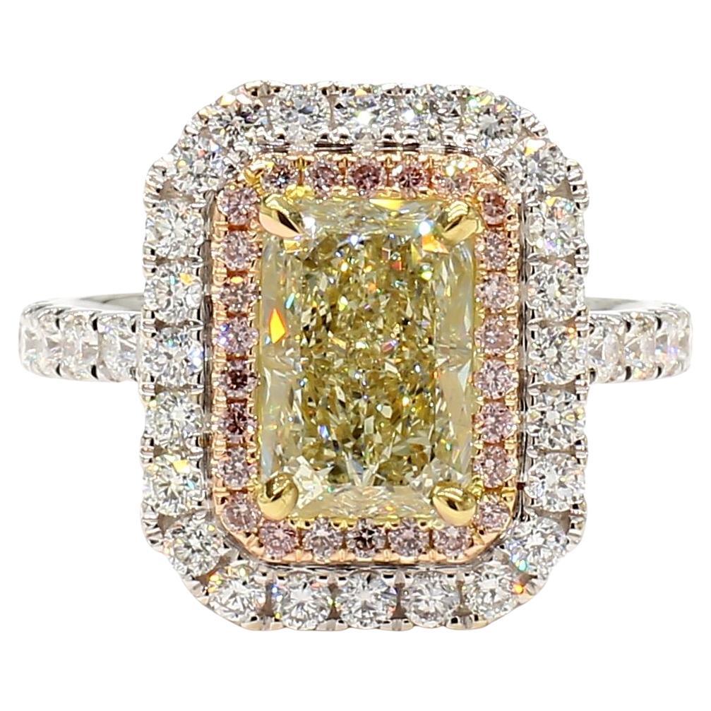 GIA Certified Natural Yellow Radiant Diamond 3.16 Carat TW Gold Cocktail Ring