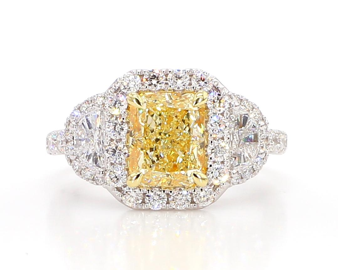 Contemporary GIA Certified Natural Yellow Radiant Diamond 3.21 Carat TW Plat Cocktail Ring For Sale