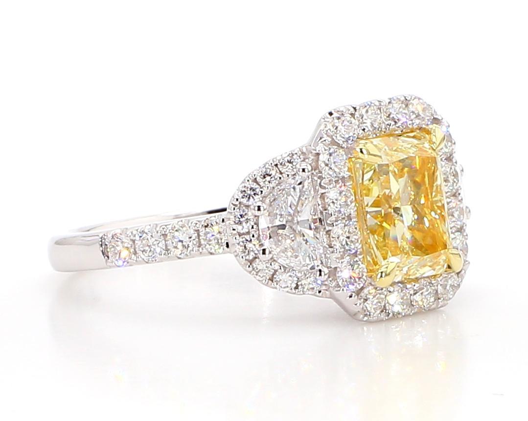 Radiant Cut GIA Certified Natural Yellow Radiant Diamond 3.21 Carat TW Plat Cocktail Ring For Sale