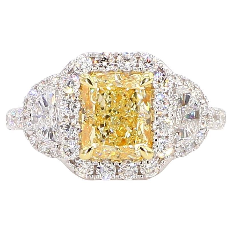 GIA Certified Natural Yellow Radiant Diamond 3.21 Carat TW Plat Cocktail Ring