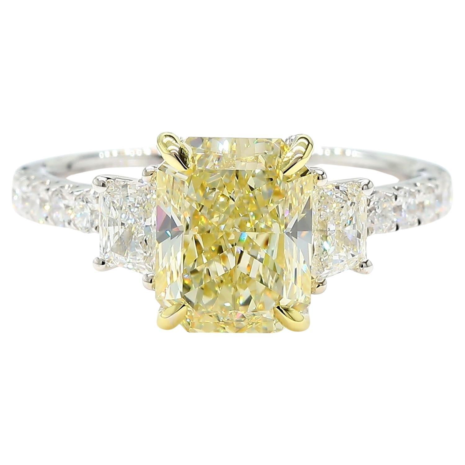 GIA Certified Natural Yellow Radiant Diamond 3.30 Carat TW Gold Cocktail Ring