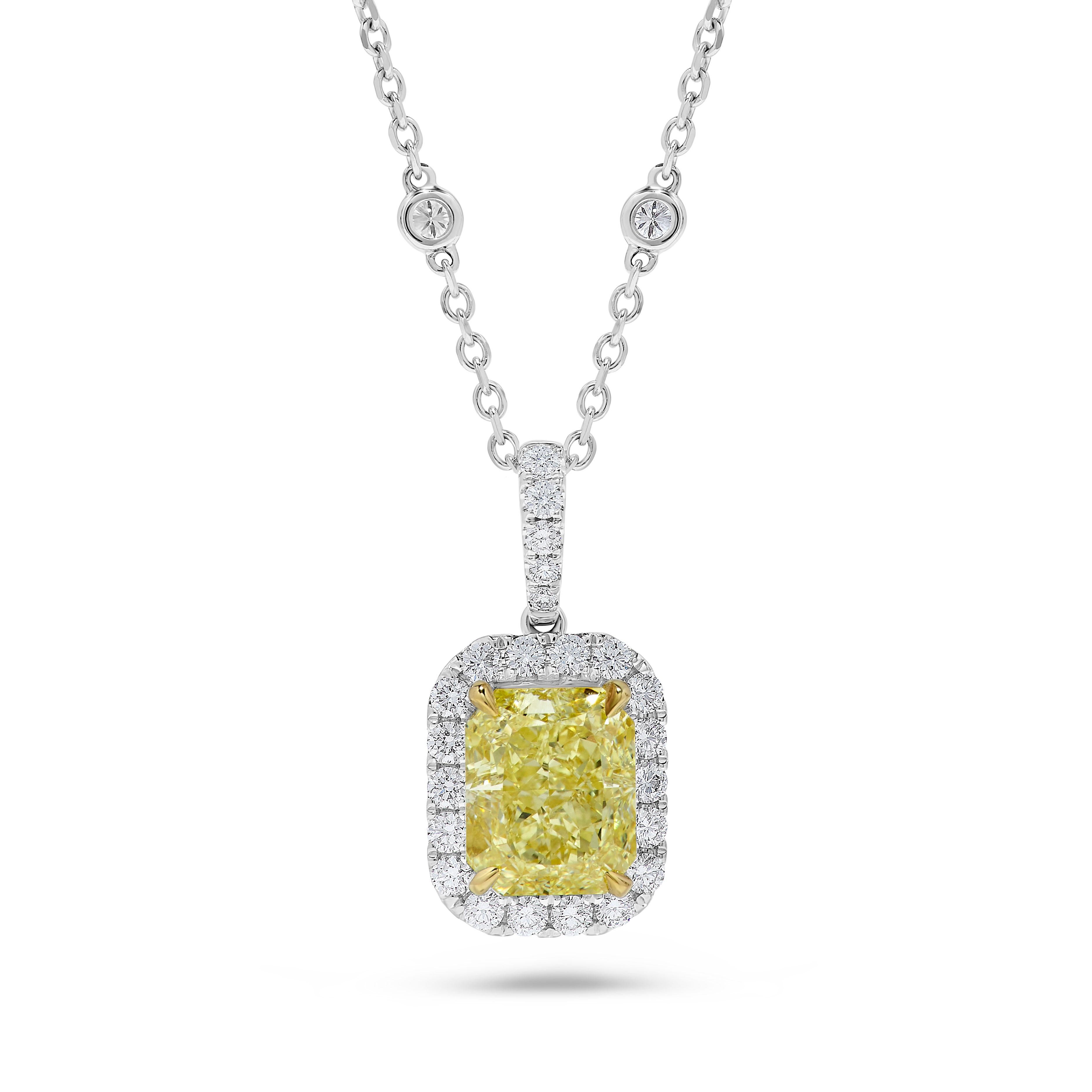 Contemporary GIA Certified Natural Yellow Radiant Diamond 3.44 Carat TW Gold Drop Pendant For Sale