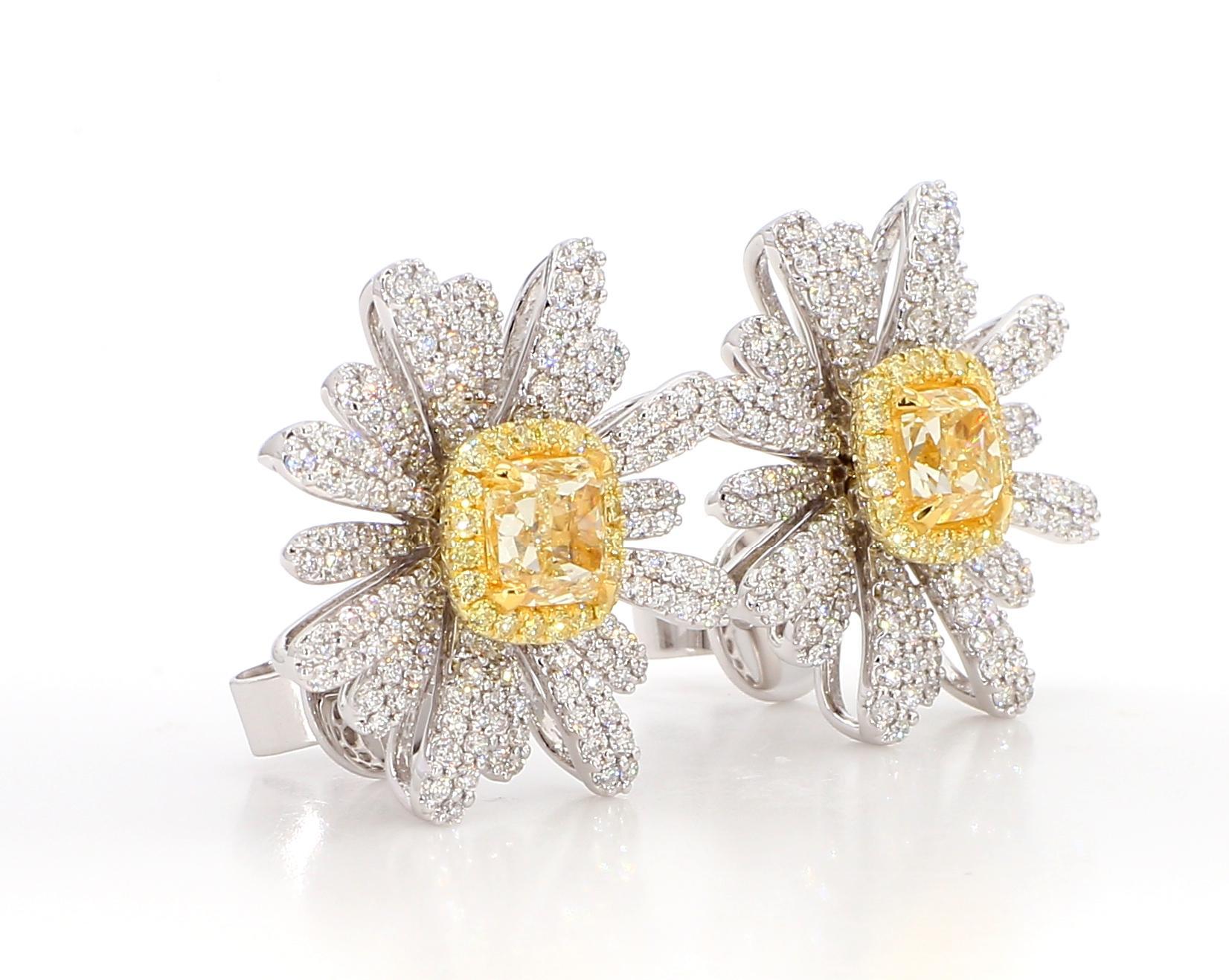 Radiant Cut GIA Certified Natural Yellow Radiant Diamond 3.44 Carat TW Gold Stud Earrings For Sale