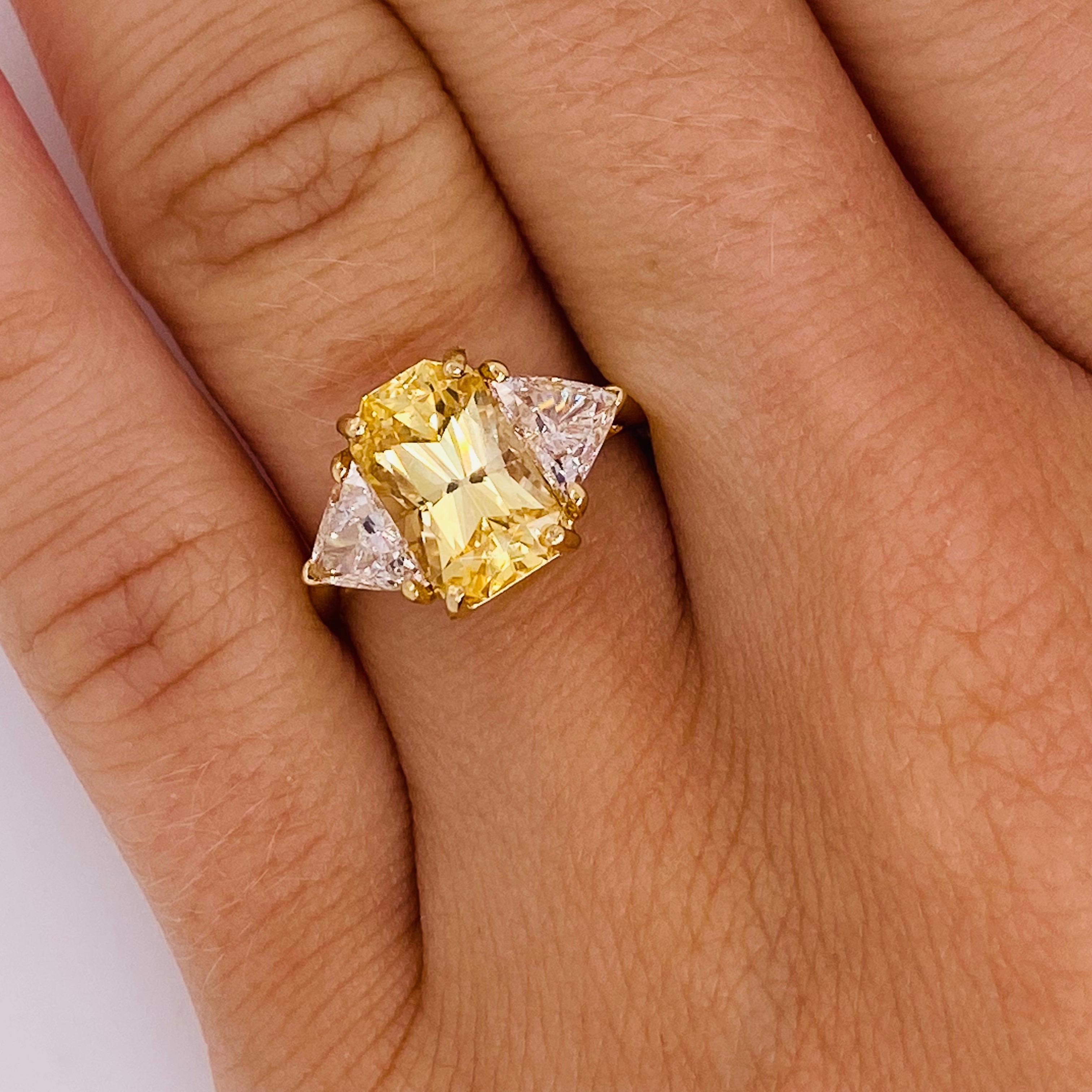 Modern Unheated Yellow Sapphire & Diamond Three Stone Ring GIA Certified 3.43 carat
