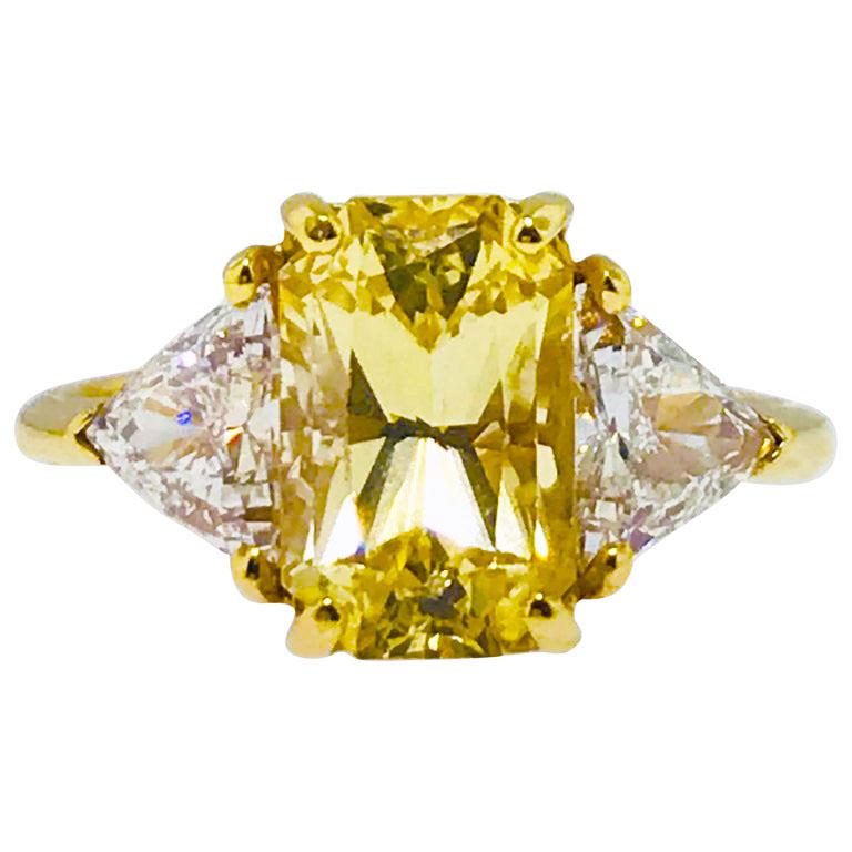 Radiant Cut Unheated Yellow Sapphire & Diamond Three Stone Ring GIA Certified 3.43 carat