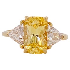 Unheated Yellow Sapphire & Diamond Three Stone Ring GIA Certified 3.43 carat