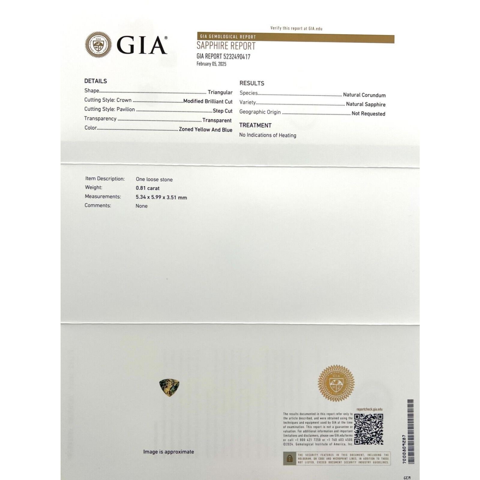 Certificado GIA Sin Calor 0,81ct Zafiro Bicolor Azul Amarillo Triángulo 5,3x5,9mm en Nuevo estado para la venta en Birmingham, GB