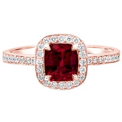 GIA Certified No-Heat 1.00 Carat Cushion Ruby and Diamond Halo Engagement Ring