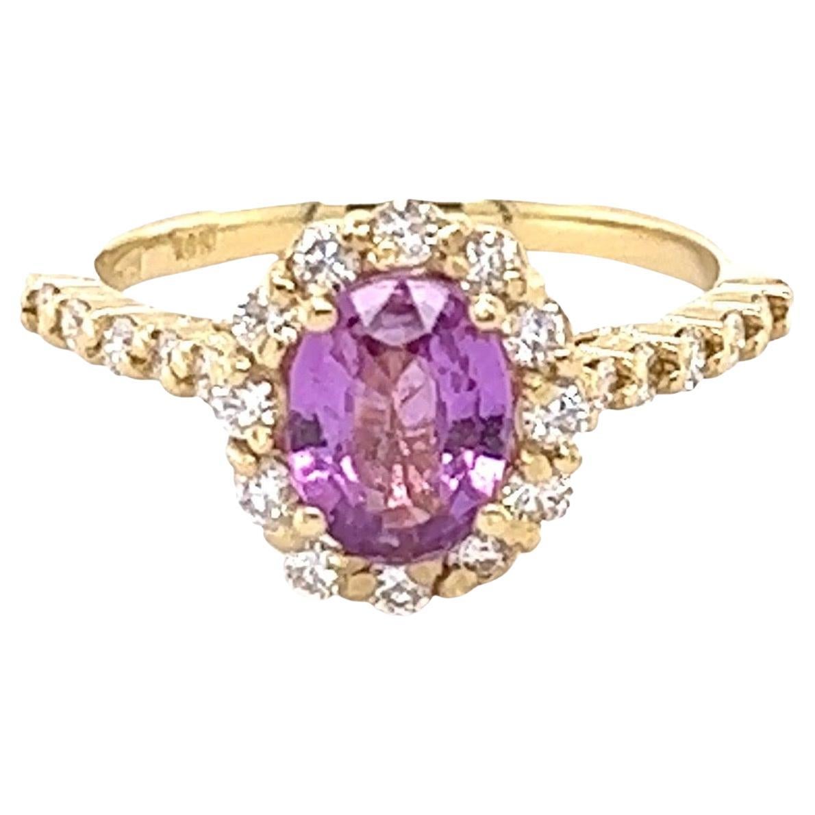 Bague en or jaune 18 carats certifiée GIA, sans chaleur, avec saphir rose 1,63 carat et diamants