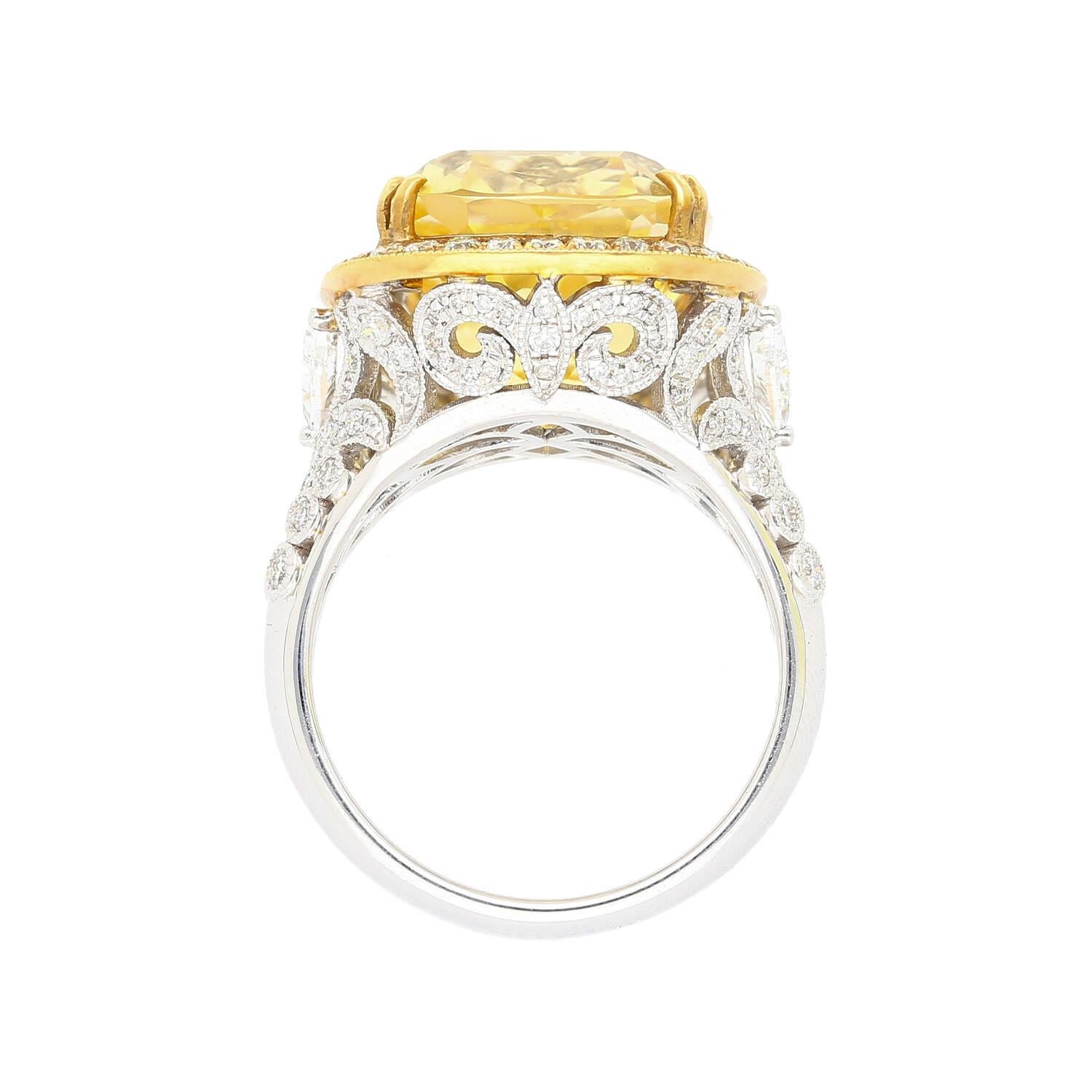 Art Deco GIA Certified No Heat 17 Carat Cushion Cut Yellow Sapphire and Diamond Ring For Sale