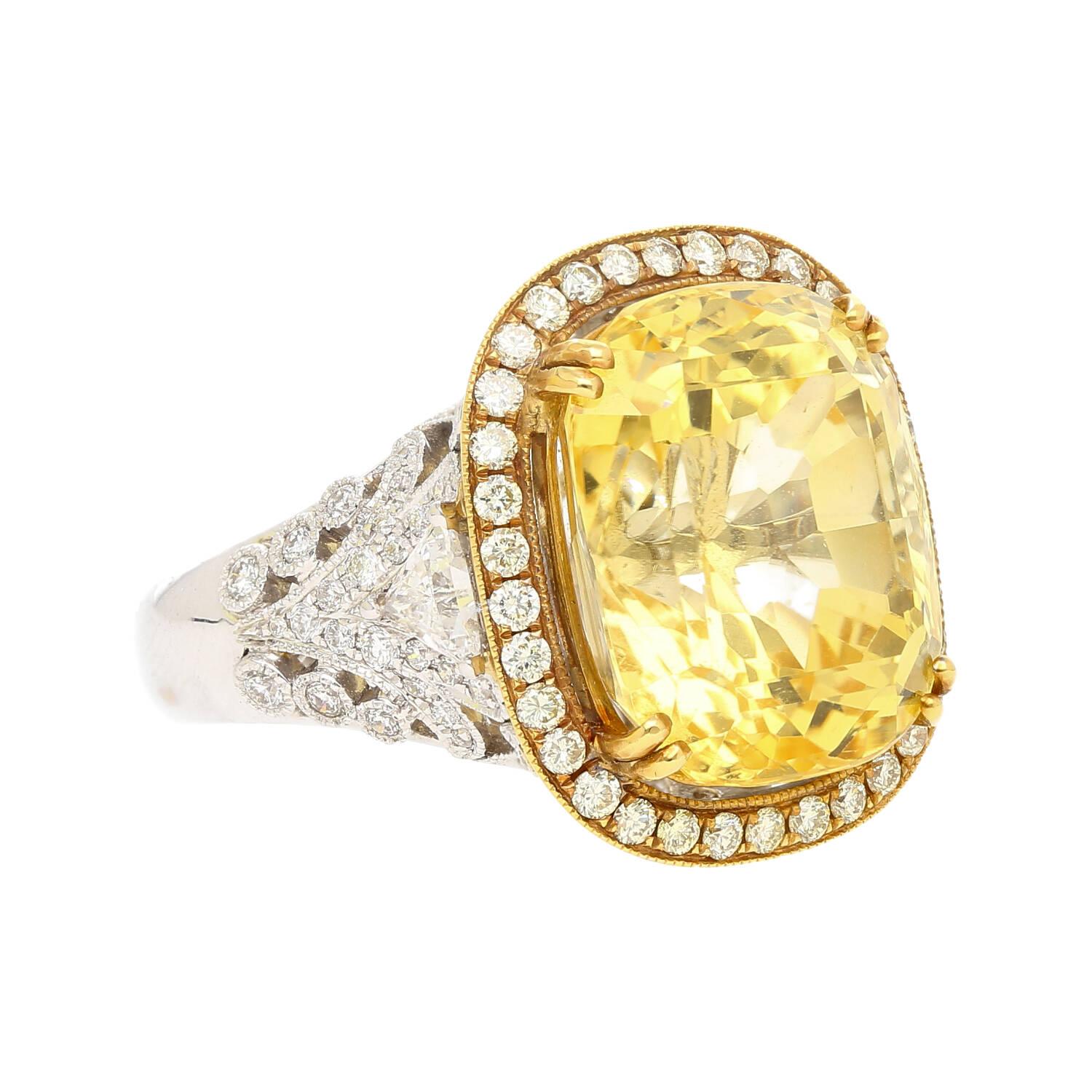 GIA Certified No Heat 17 Carat Cushion Cut Yellow Sapphire and Diamond Ring In New Condition For Sale In Miami, FL