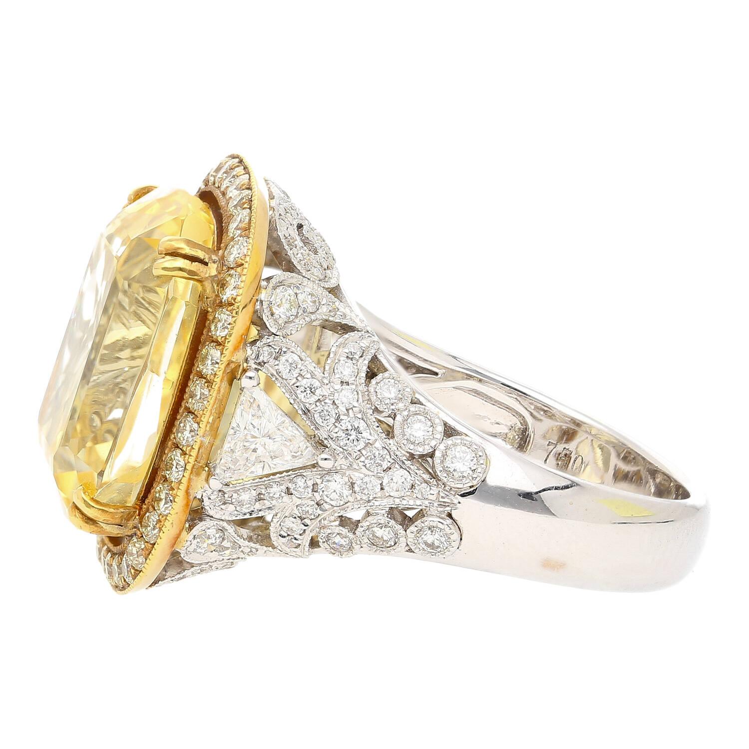 Women's GIA Certified No Heat 17 Carat Cushion Cut Yellow Sapphire and Diamond Ring For Sale