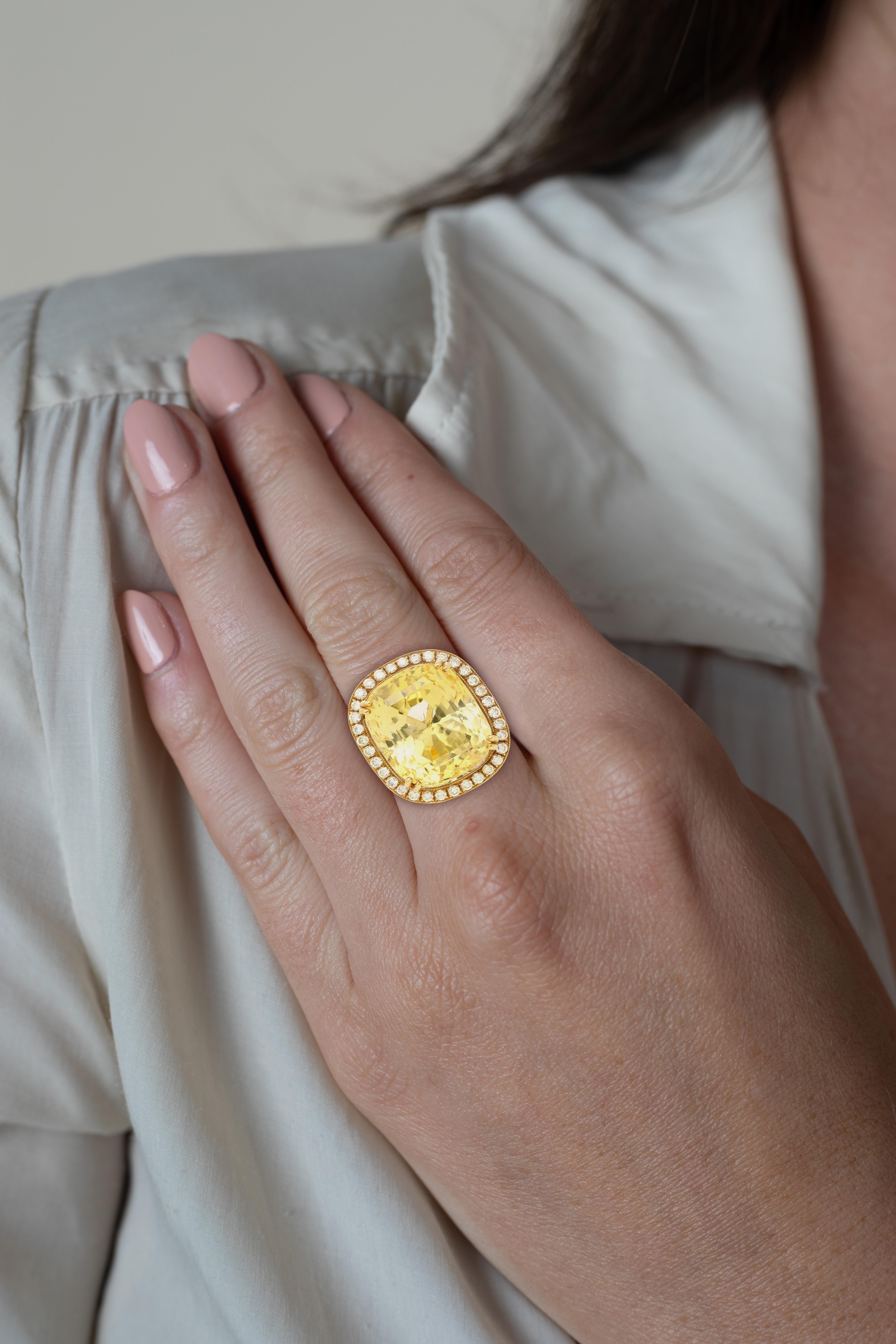 Women's GIA Certified No Heat 17 Carat Cushion Cut Yellow Sapphire and Diamond Ring For Sale