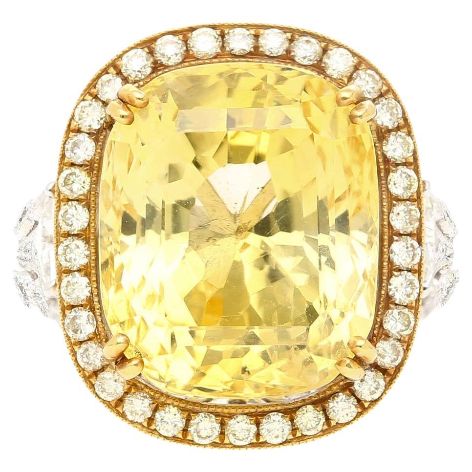 GIA Certified No Heat 17 Carat Cushion Cut Yellow Sapphire and Diamond Ring For Sale