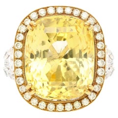 GIA Certified No Heat 17 Carat Cushion Cut Yellow Sapphire and Diamond Ring