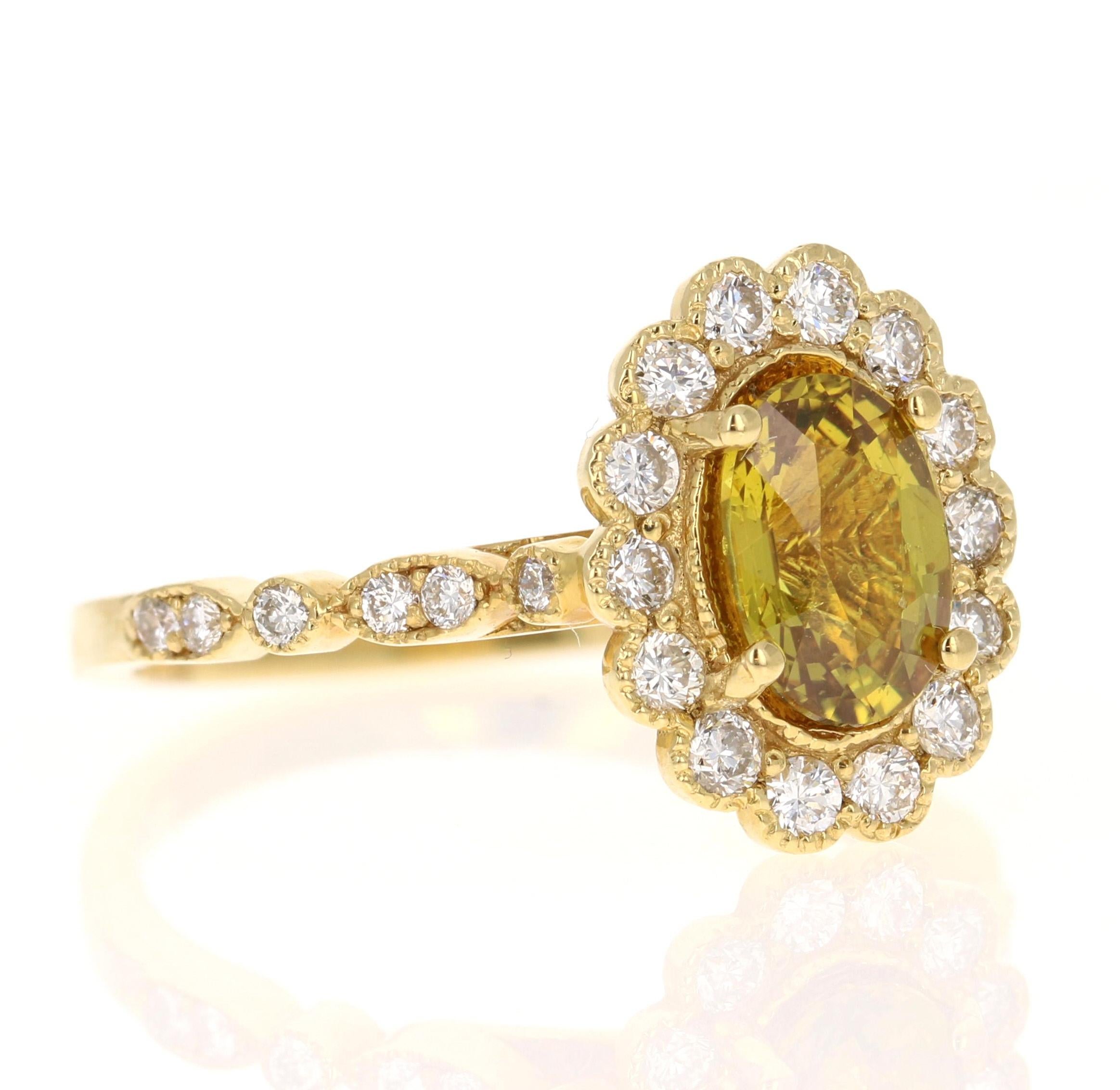 This beautiful ring has a Natural Oval Cut Yellow Sapphire with No Heat that weights 1.36 Carats. 

The ring is embellished with 26 Round Cut Diamonds that weigh 0.50 Carats with a clarity and color of VS/H. 
The total carat weight of the ring is