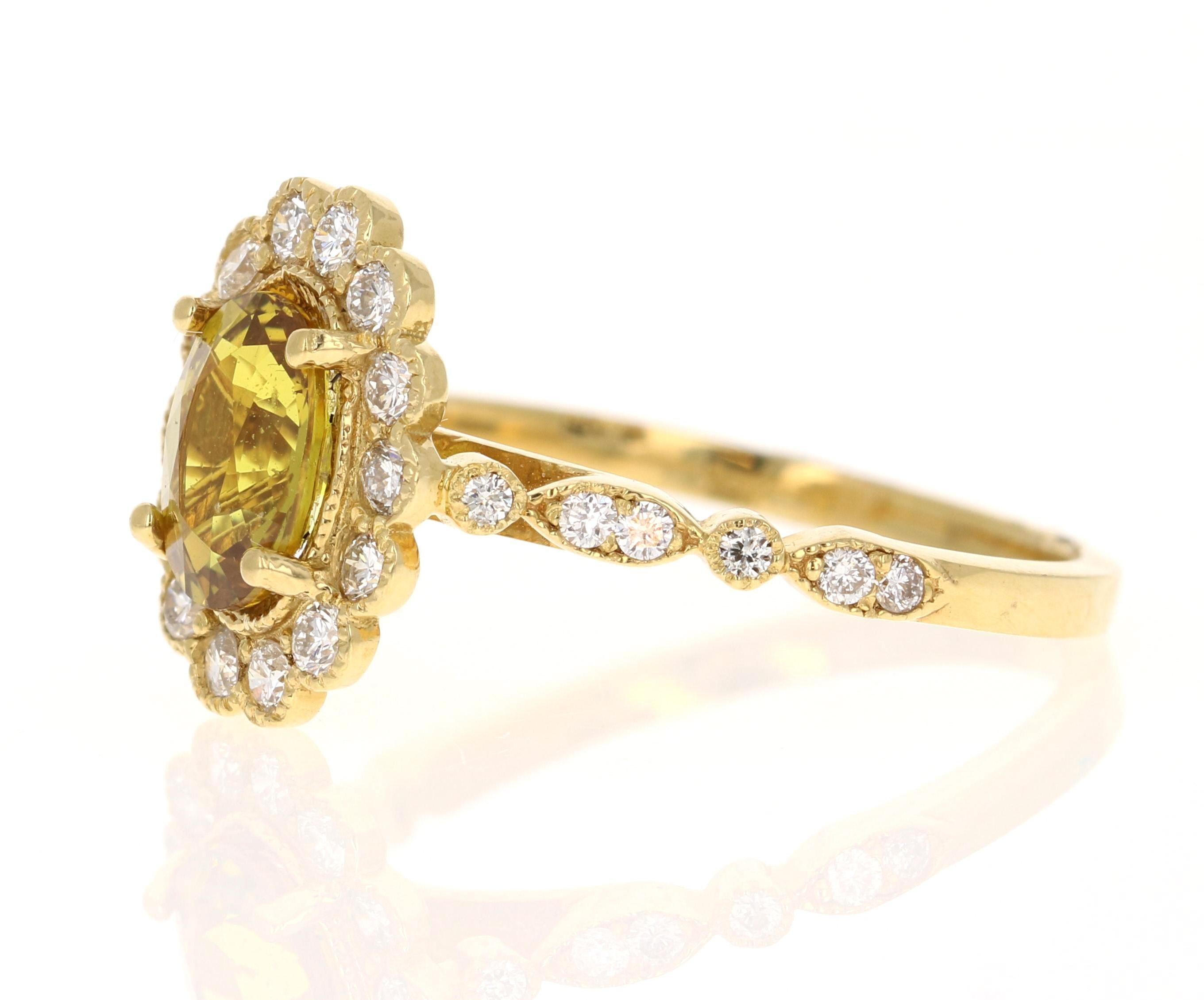 Contemporary GIA Certified No Heat 1.86 Carat Yellow Sapphire Diamond Yellow Gold Ring For Sale