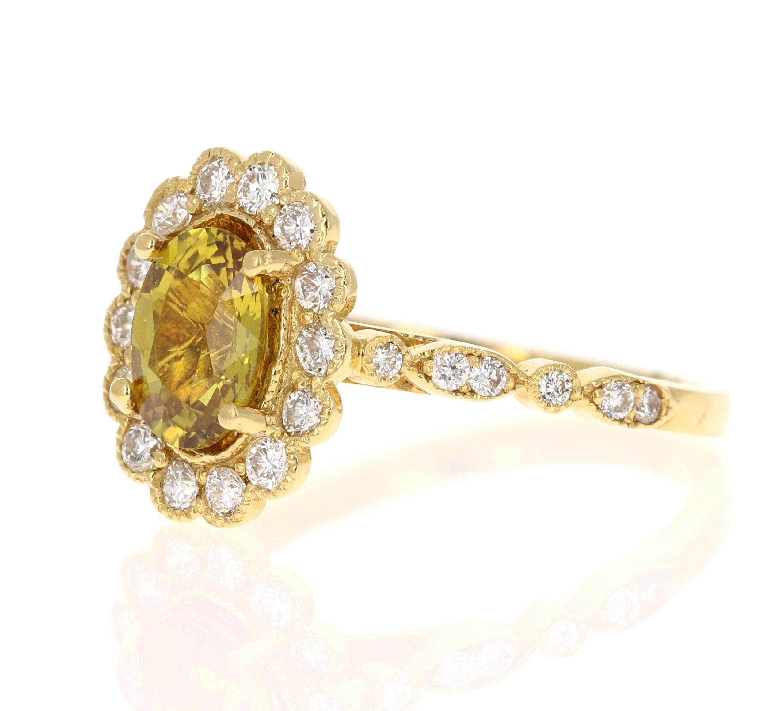 Oval Cut GIA Certified No Heat 1.86 Carat Yellow Sapphire Diamond Yellow Gold Ring For Sale
