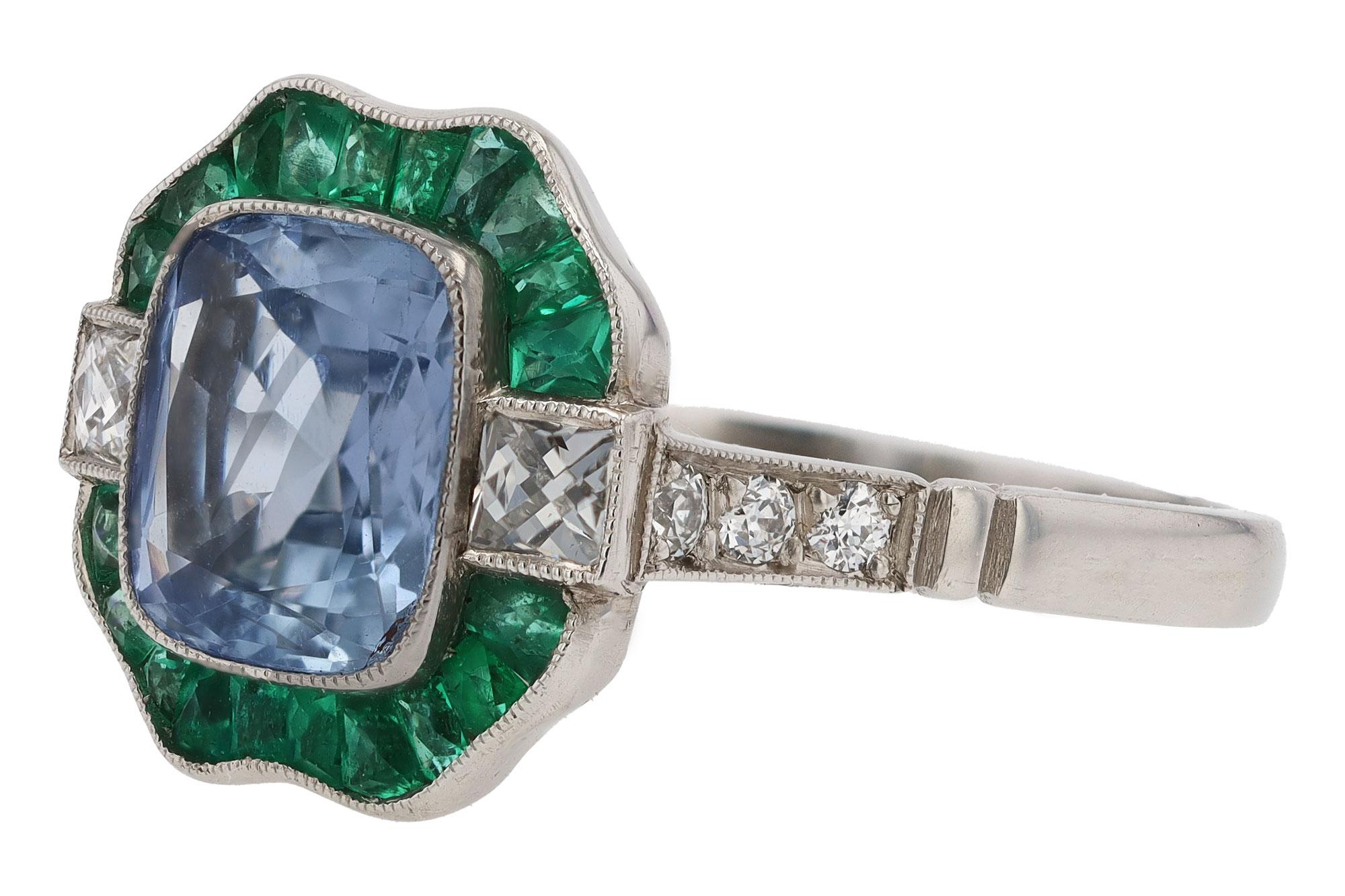 Cushion Cut GIA Certified No Heat 2.35ct Ceylon Sapphire and Emerald Engagement Ring For Sale