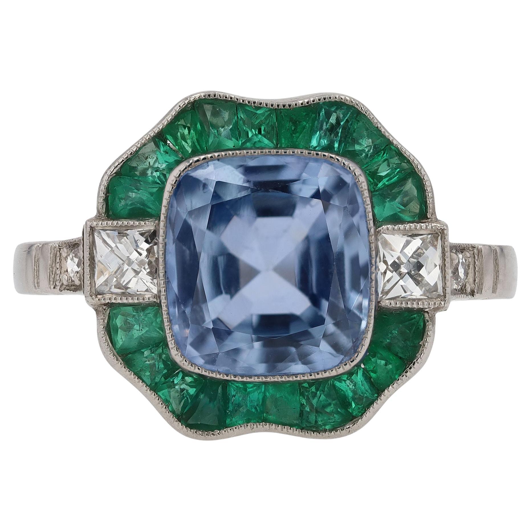 GIA Certified No Heat 2.35ct Ceylon Sapphire and Emerald Engagement Ring For Sale