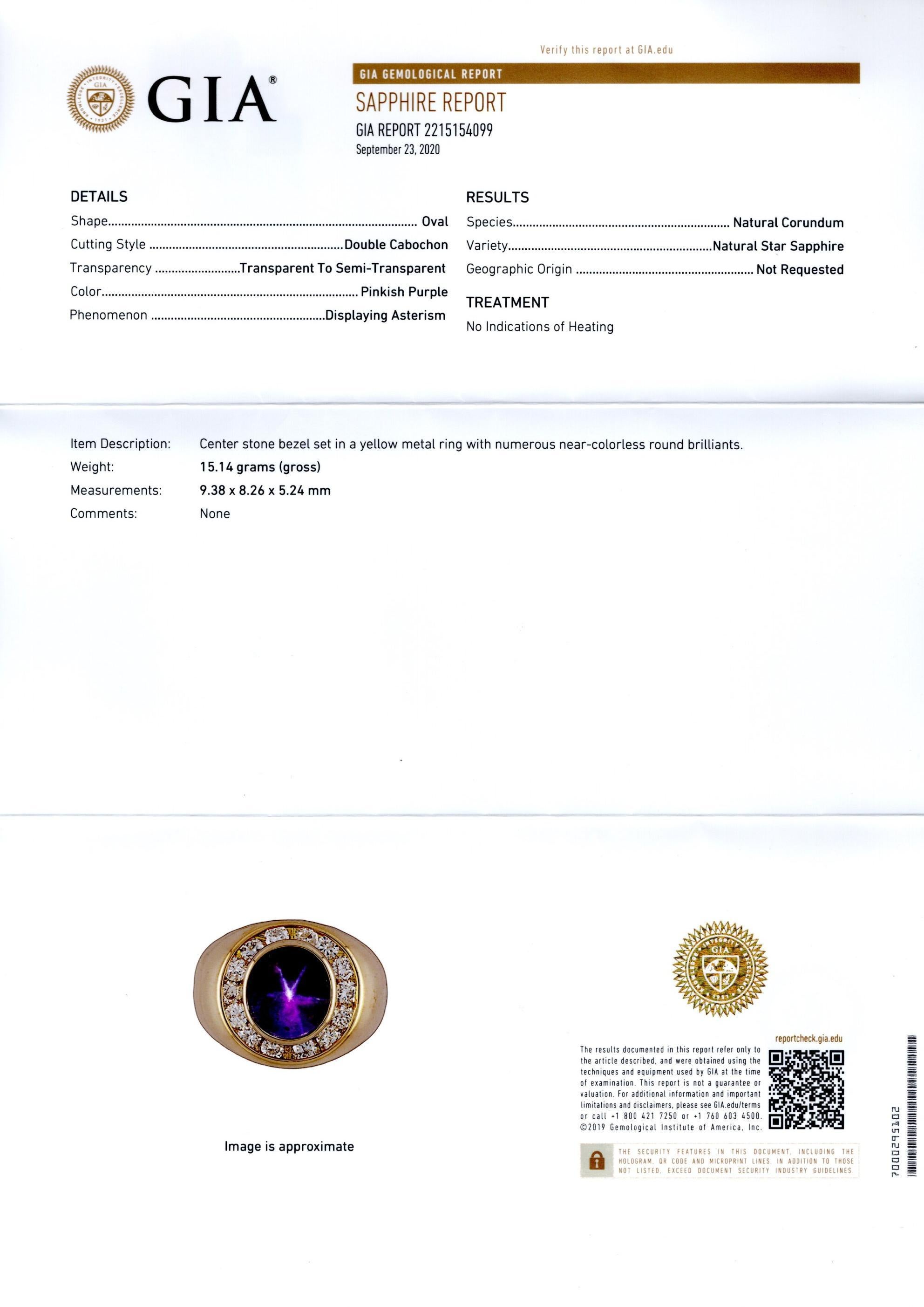 Bague dôme en saphir étoilé rose/violet et diamant certifiée GIA sans échauffement 3,50 carats en vente 3