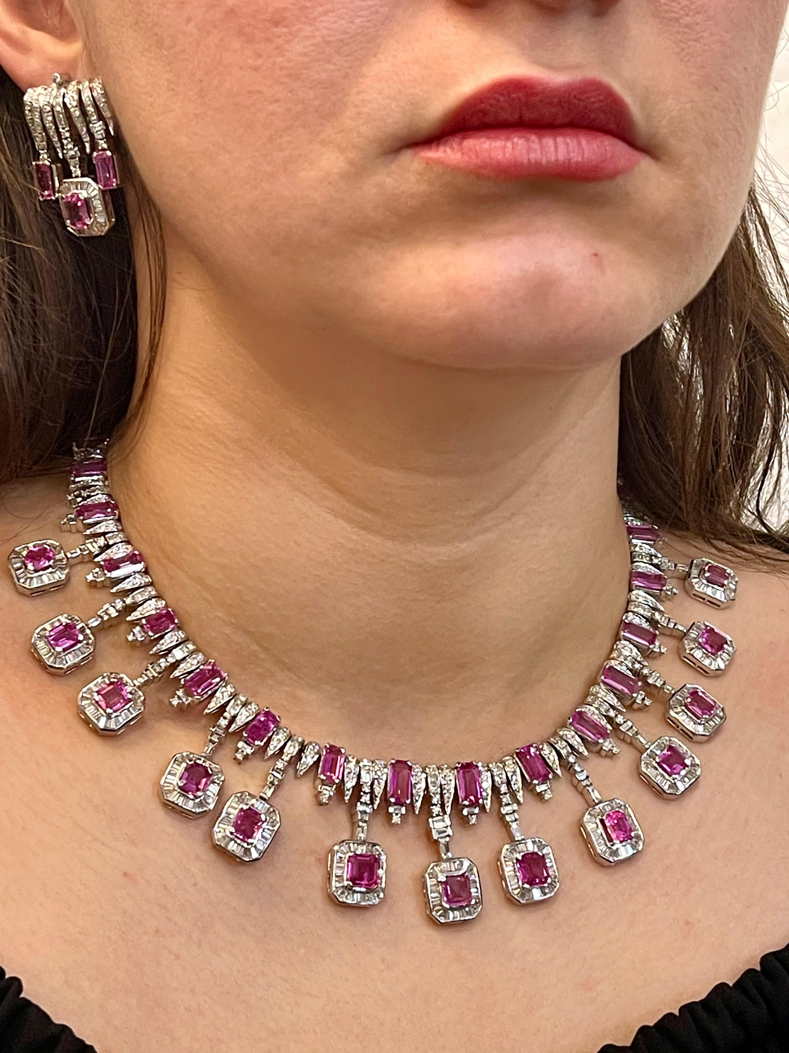 GIA Certified, No Heat, 60 Ct Pink Sapphire & 25 Ct Diamond Necklace Suite 18 Kt For Sale 6