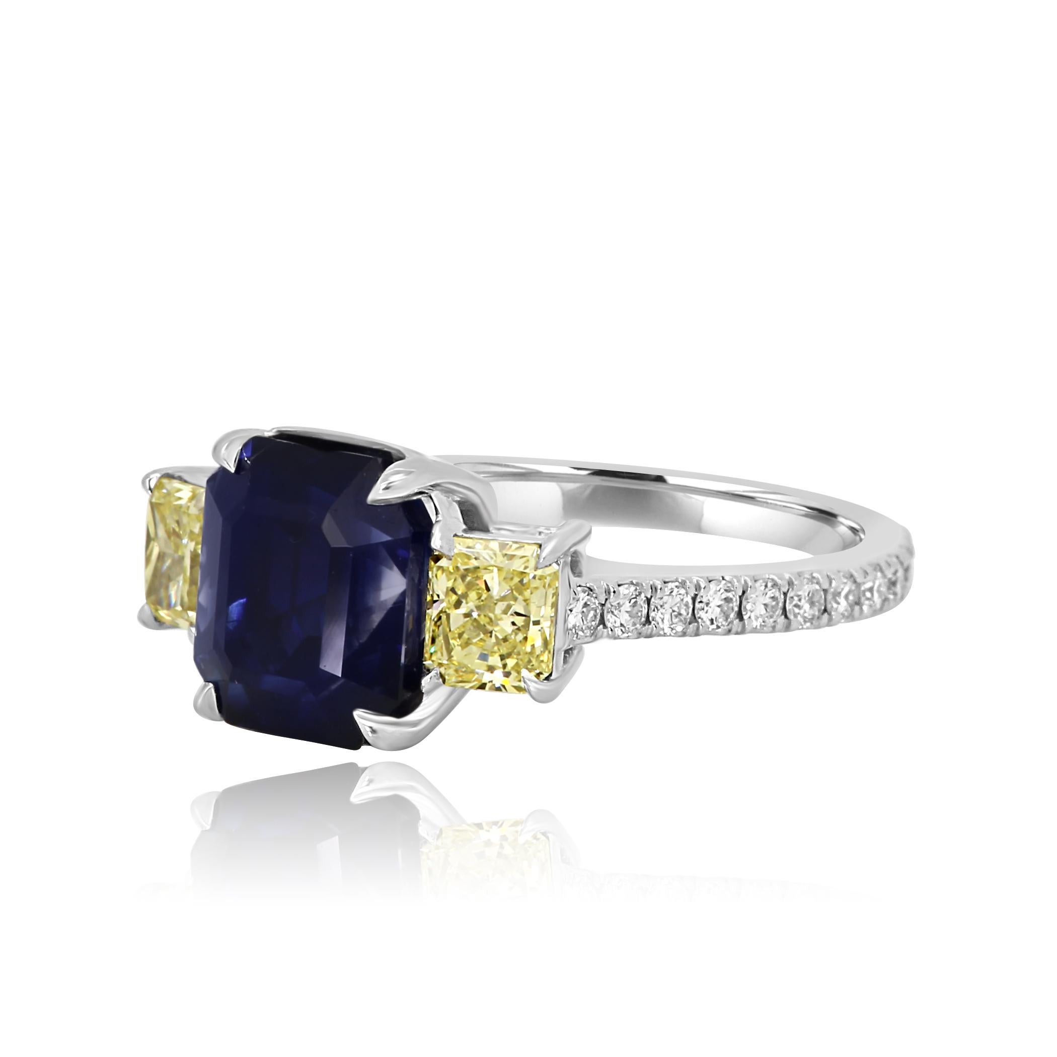 Contemporary GIA Certified No Heat Blue Sapphire 4.94 Carat Diamond Three-Stone Gold Ring