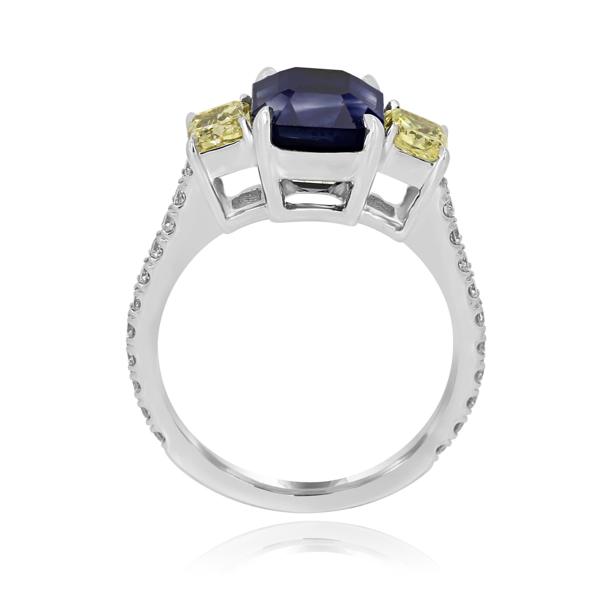 Emerald Cut GIA Certified No Heat Blue Sapphire 4.94 Carat Diamond Three-Stone Gold Ring