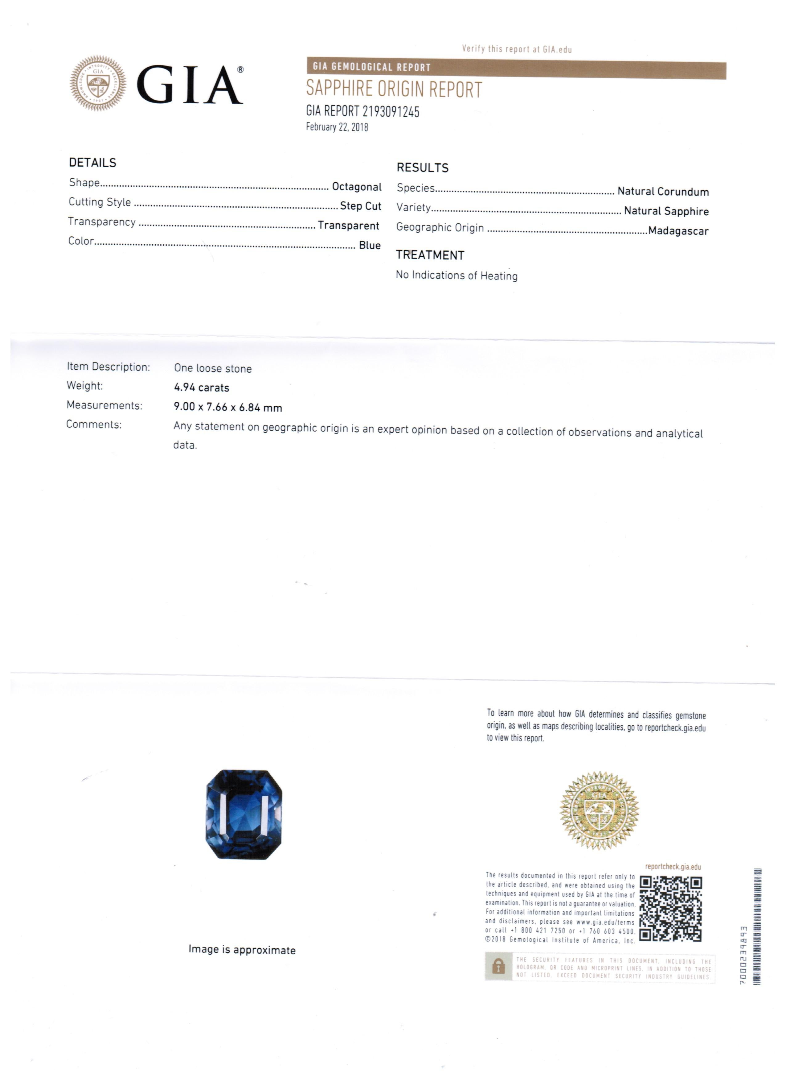 GIA Certified No Heat Blue Sapphire 4.94 Carat Diamond Three-Stone Gold Ring 2