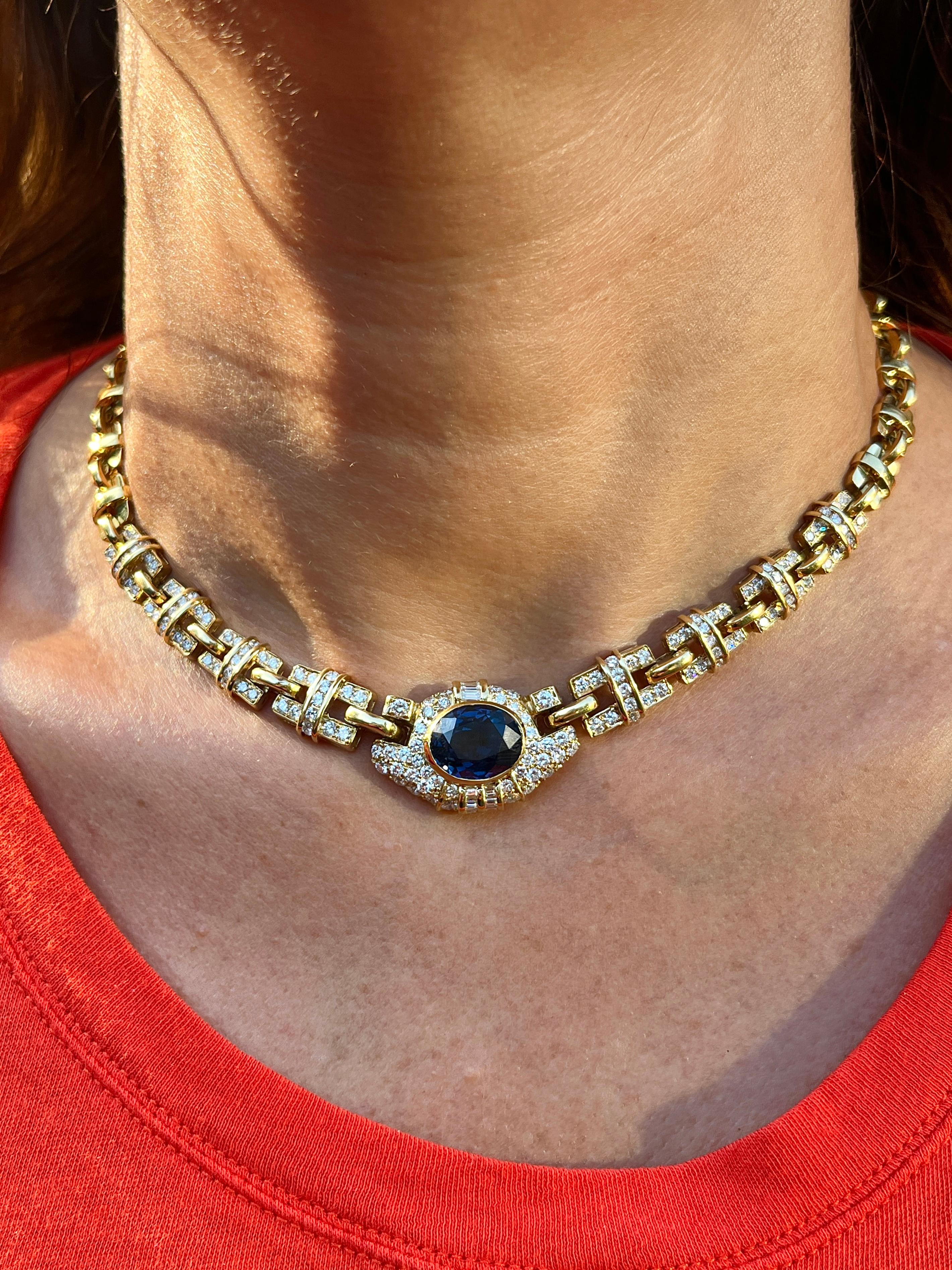 GIA Certified No Heat Blue Sapphire and Diamond 18K Gold Cable Choker Necklace For Sale 4
