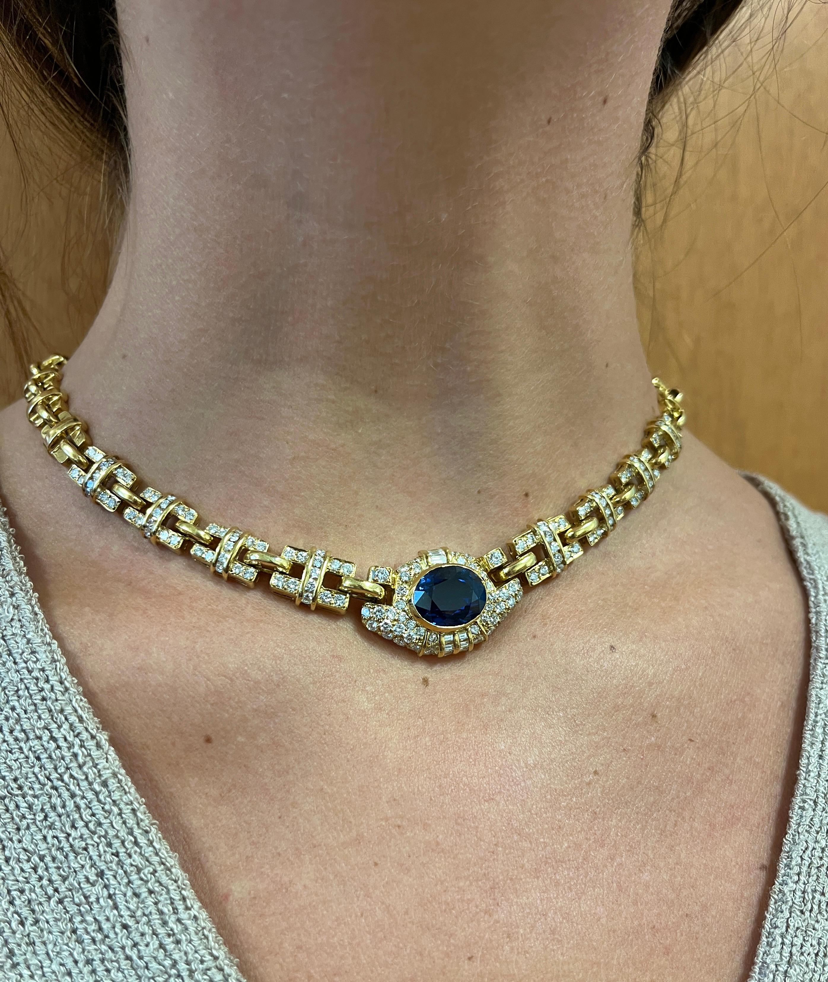 GIA Certified No Heat Blue Sapphire and Diamond 18K Gold Cable Choker Necklace For Sale 5