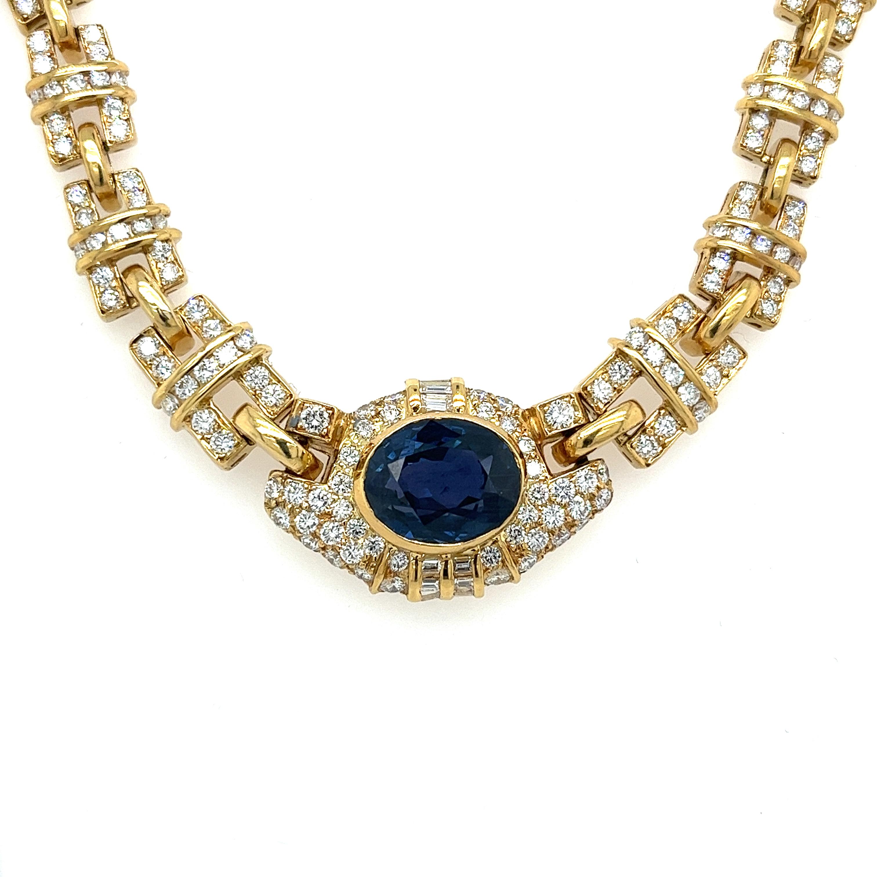 GIA certified no heat, untreated, Blue Sapphire mounted in an 18-karat gold bezel set choker necklace. Choker features 158 natural diamonds with near flawless clarity and mesmerizing brilliance. Finely crafted in polished 18k yellow gold, the artful