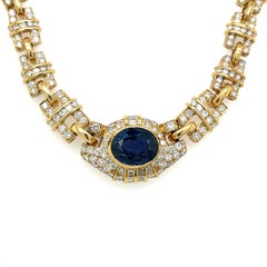 GIA Certified No Heat Blue Sapphire and Diamond 18K Gold Cable Choker Necklace