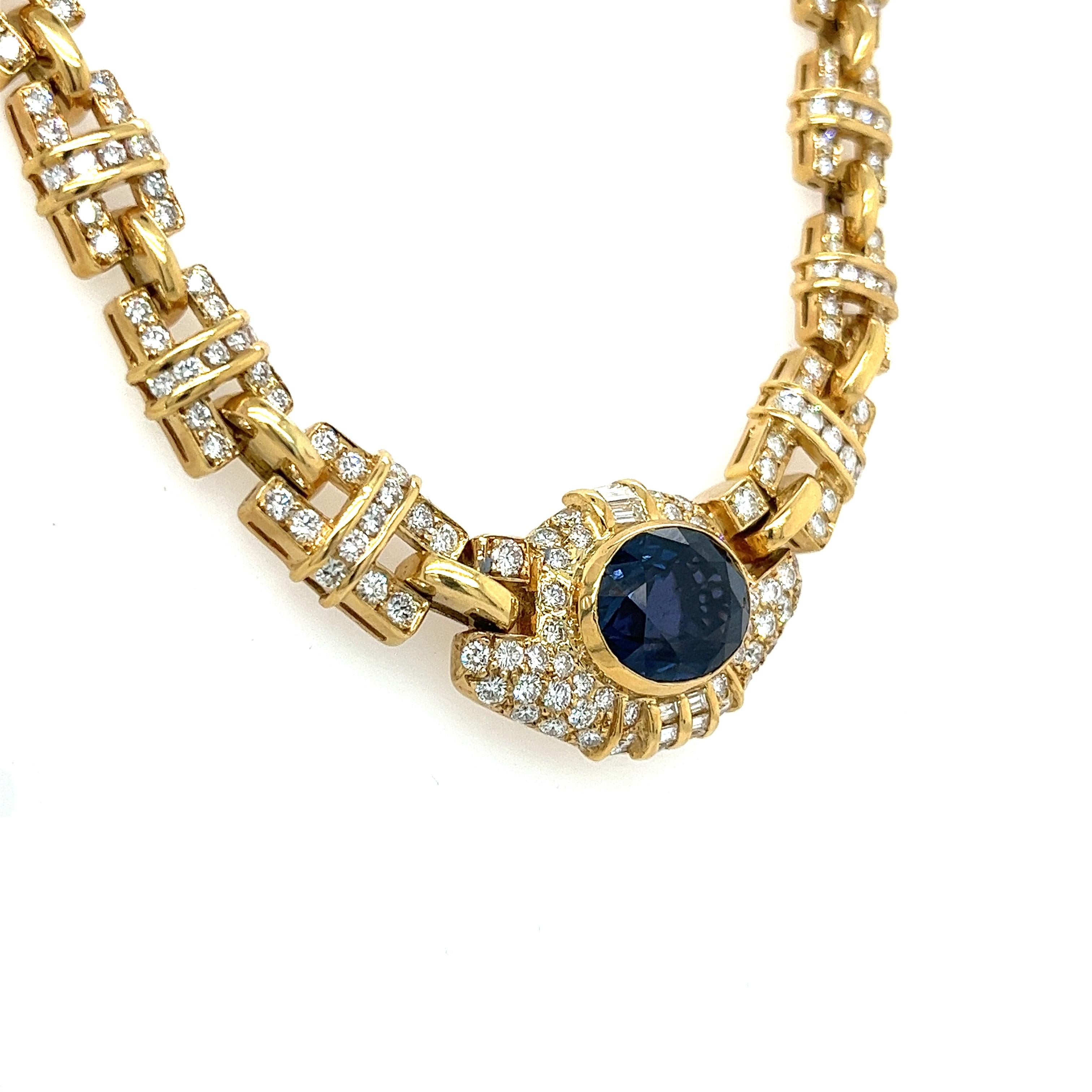 Art Deco GIA Certified No Heat Blue Sapphire and Diamond 18K Gold Cable Choker Necklace For Sale