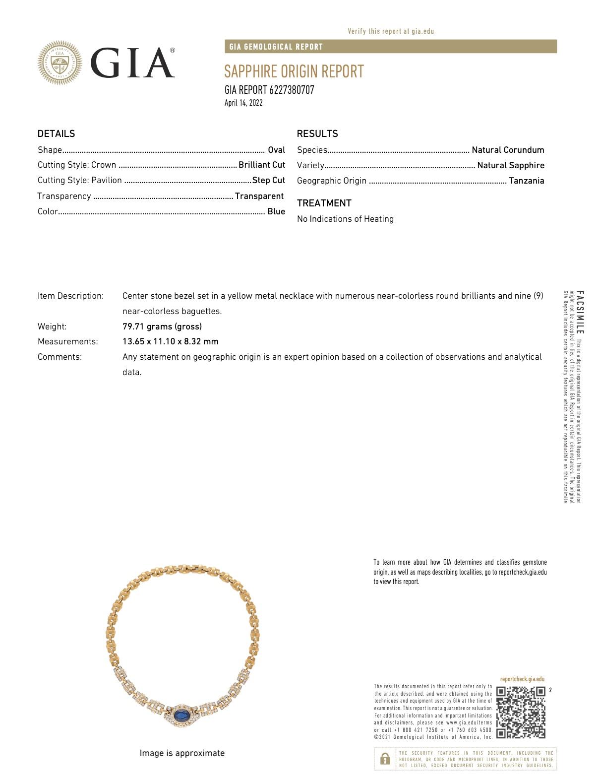 GIA-zertifizierter unbehandelter blauer Saphir und Diamant 18K Gold Kabel-Halskette (Ovalschliff) im Angebot