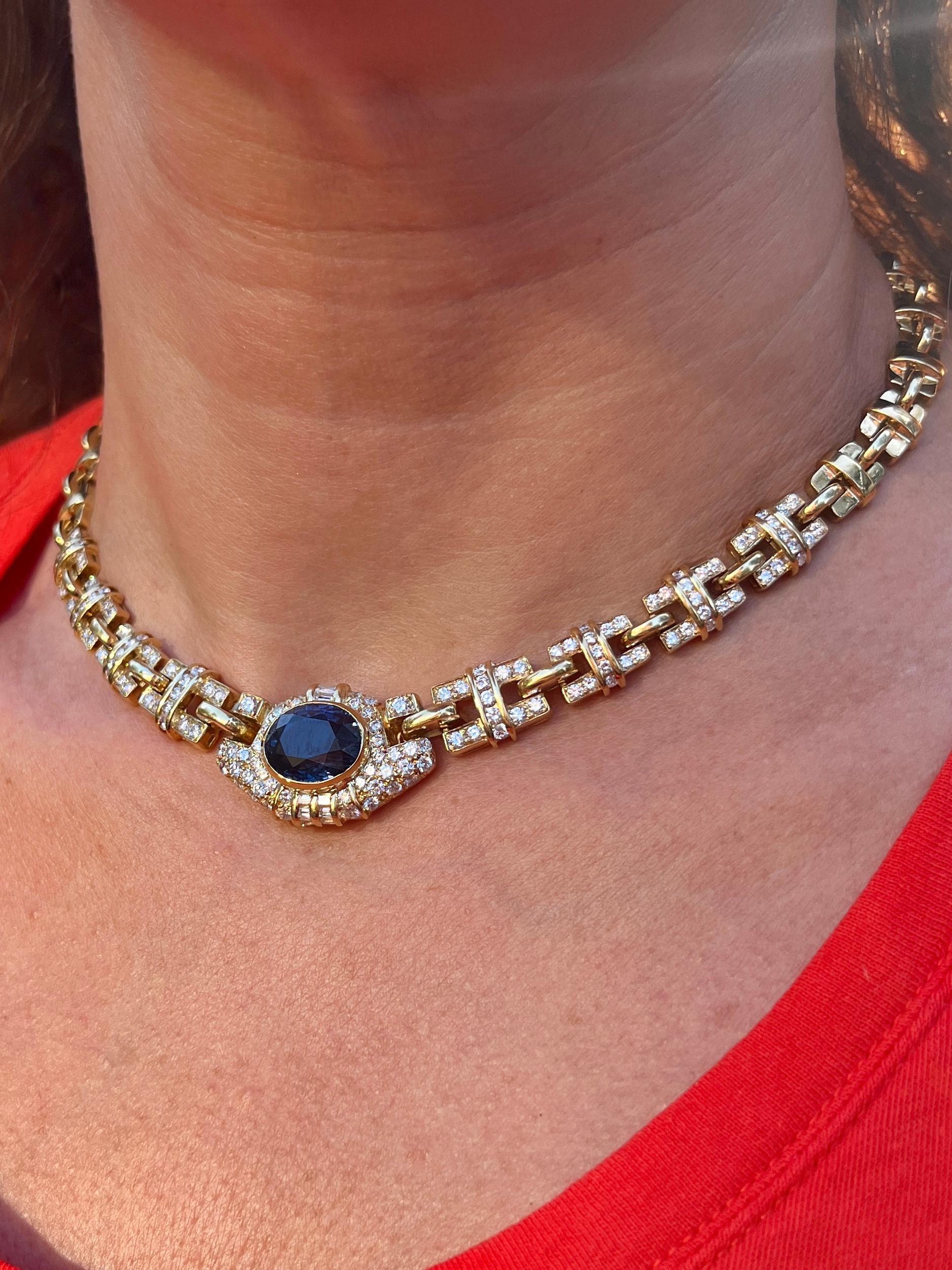 GIA Certified No Heat Blue Sapphire and Diamond 18K Gold Cable Choker Necklace For Sale 2