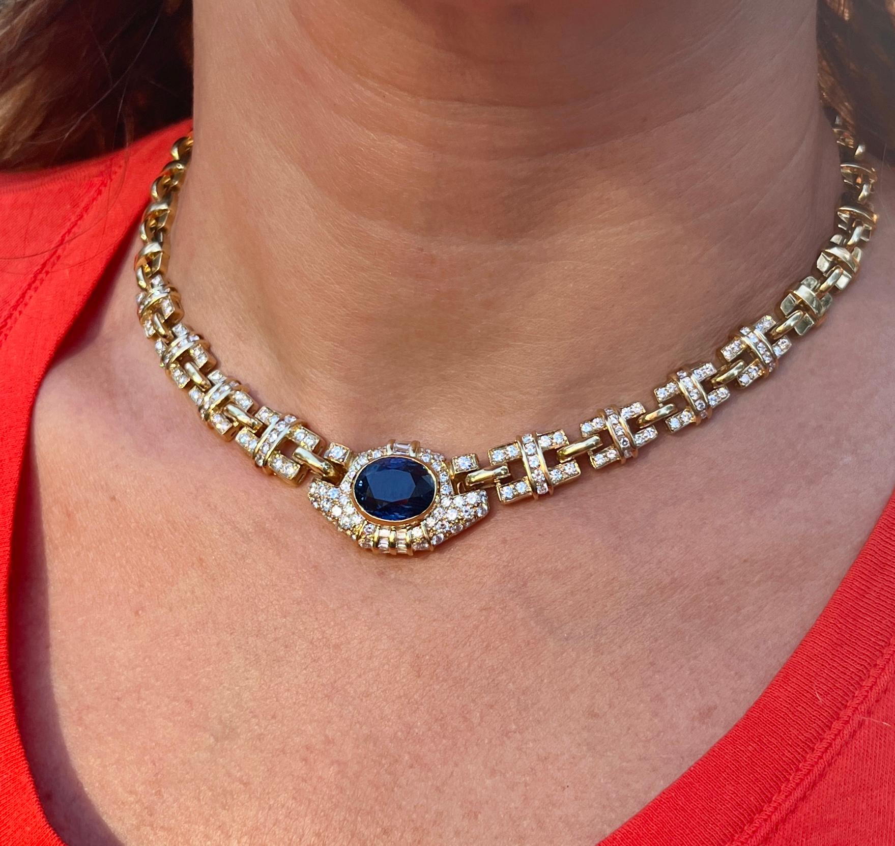 GIA Certified No Heat Blue Sapphire and Diamond 18K Gold Cable Choker Necklace For Sale 3
