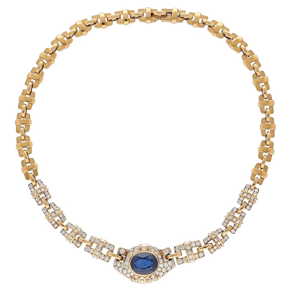 GIA Certified No Heat Blue Sapphire and Diamond 18K Gold Cable Choker Necklace
