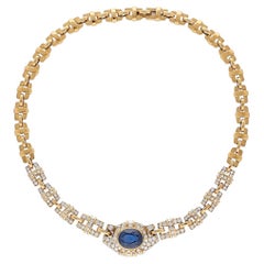 GIA Certified No Heat Blue Sapphire and Diamond 18K Gold Cable Choker Necklace