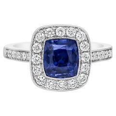 GIA Certified 2.11 Carats Cushion Cut Sapphire & Diamond Halo Engagement Ring