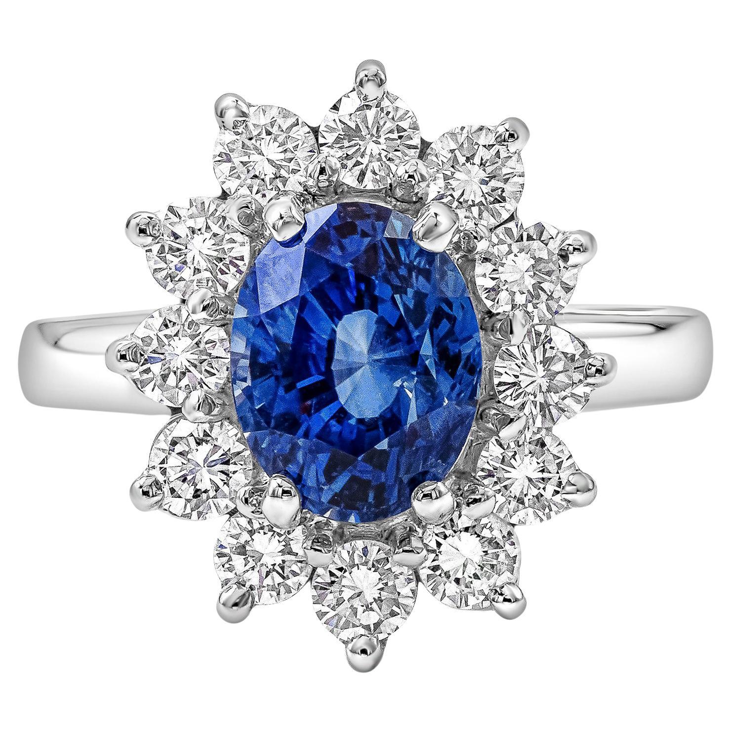 GIA Certified 3.90 Carats No-Heat Sapphire & Diamond Halo Floral Engagement Ring