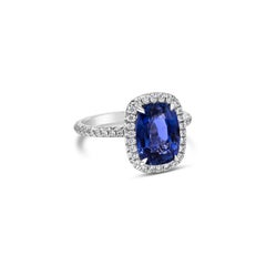 GIA Certified 3.37 Carats Cushion Cut Sapphire & Diamond Halo Engagement Ring