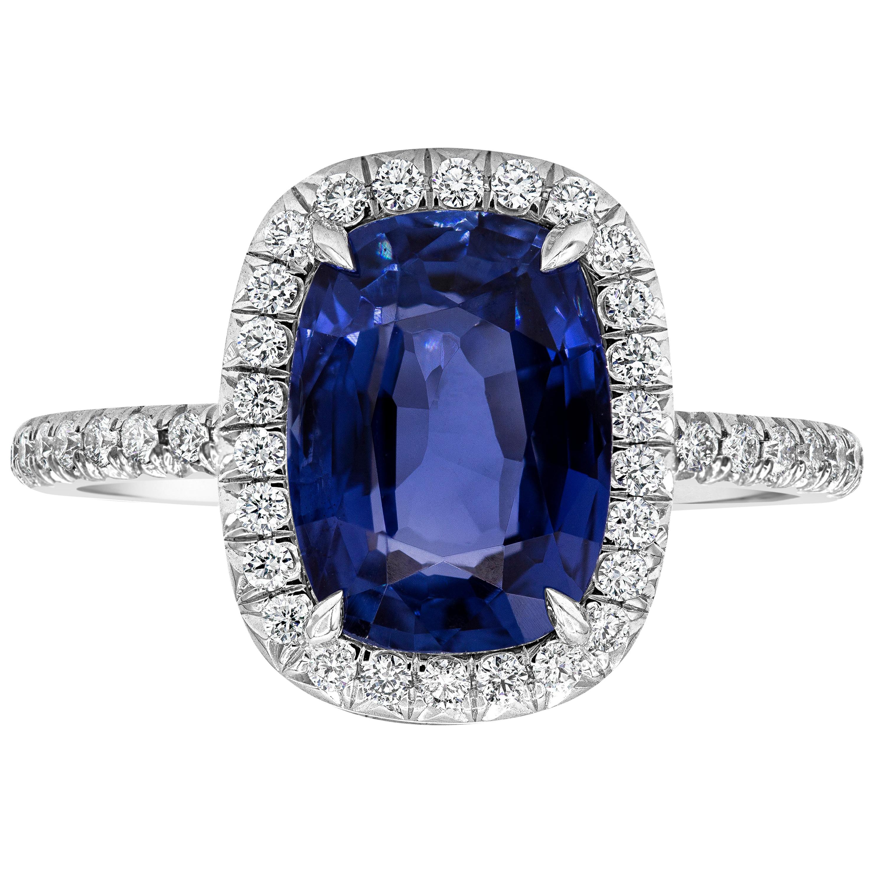 GIA Certified 3.37 Carats Cushion Cut Sapphire & Diamond Halo Engagement Ring For Sale