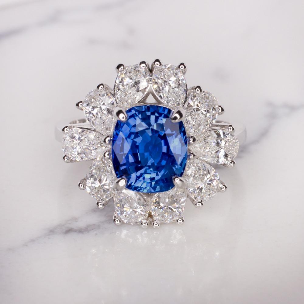 Cushion Cut GIA Certified NO HEAT Blue Sapphire Pear Cut Diamond Ring For Sale