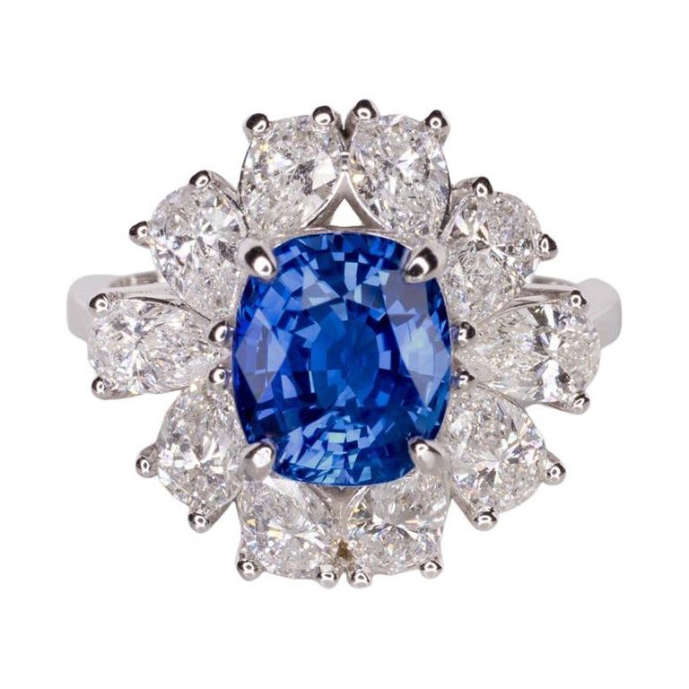 Bague certifiée GIA NO HEAT saphir bleu diamant taille poire en vente