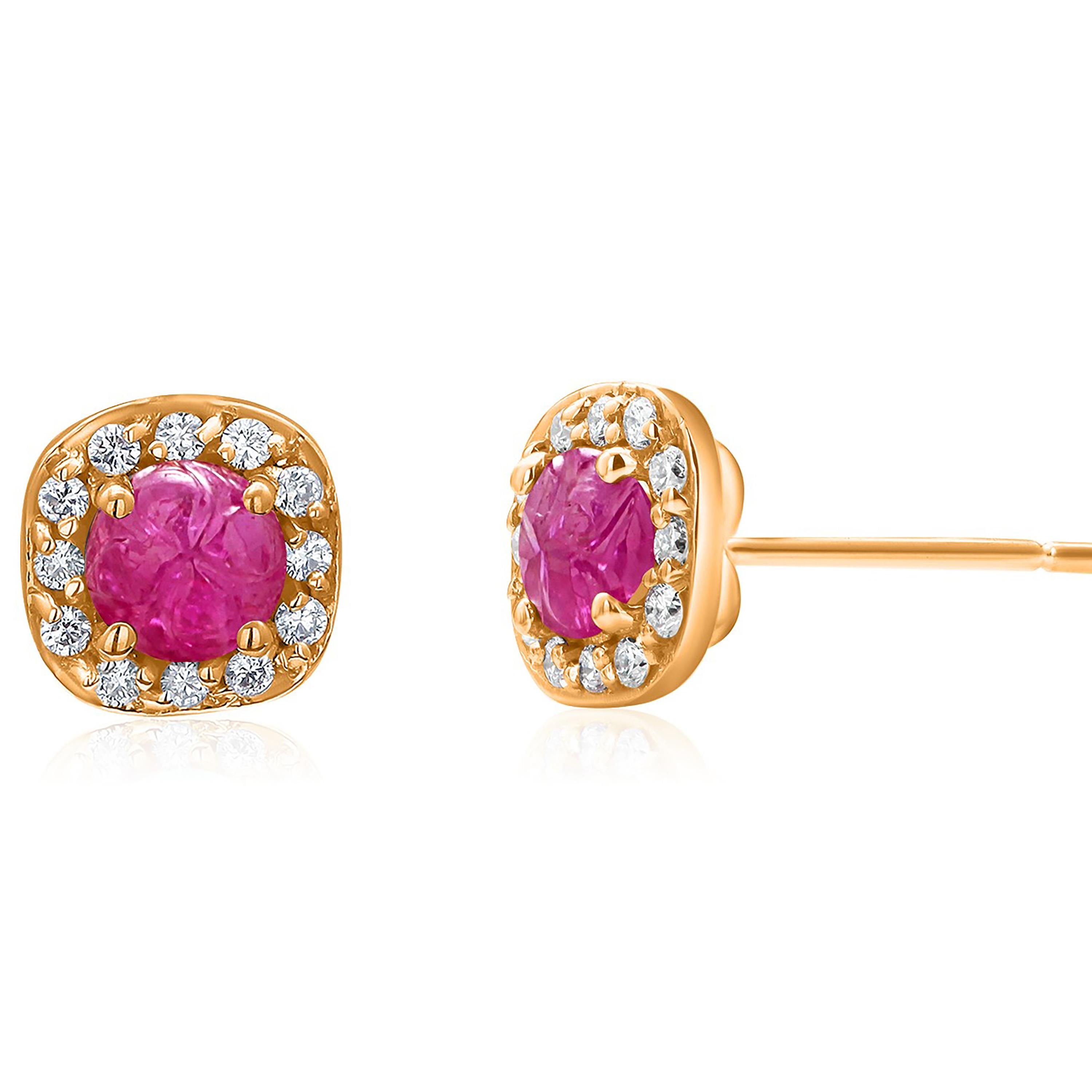 Cabochon GIA Certified No Heat Burma Carved Rubies Diamond 1.85 Carat Gold Earrings  For Sale