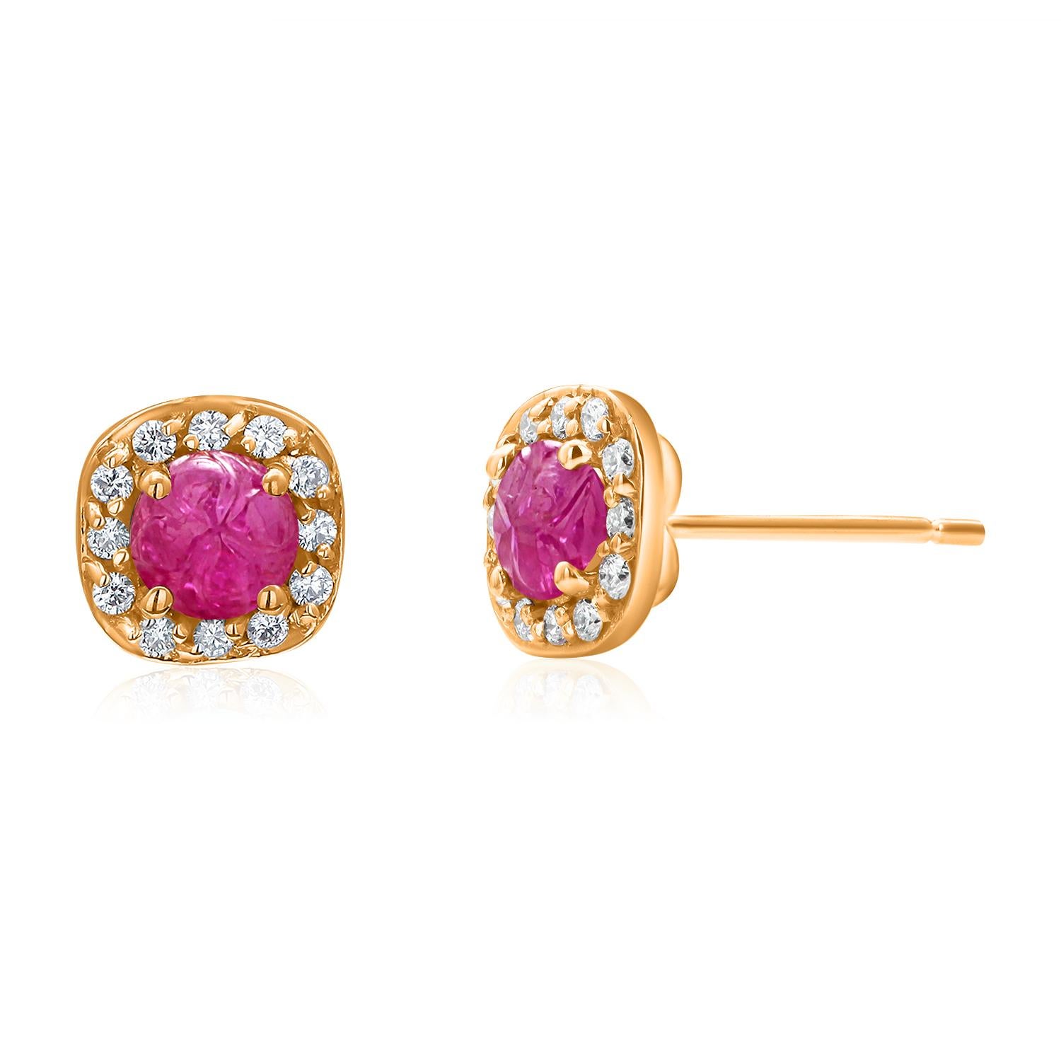 Women's or Men's GIA Certified No Heat Burma Carved Rubies Diamond 1.85 Carat Gold Earrings  For Sale