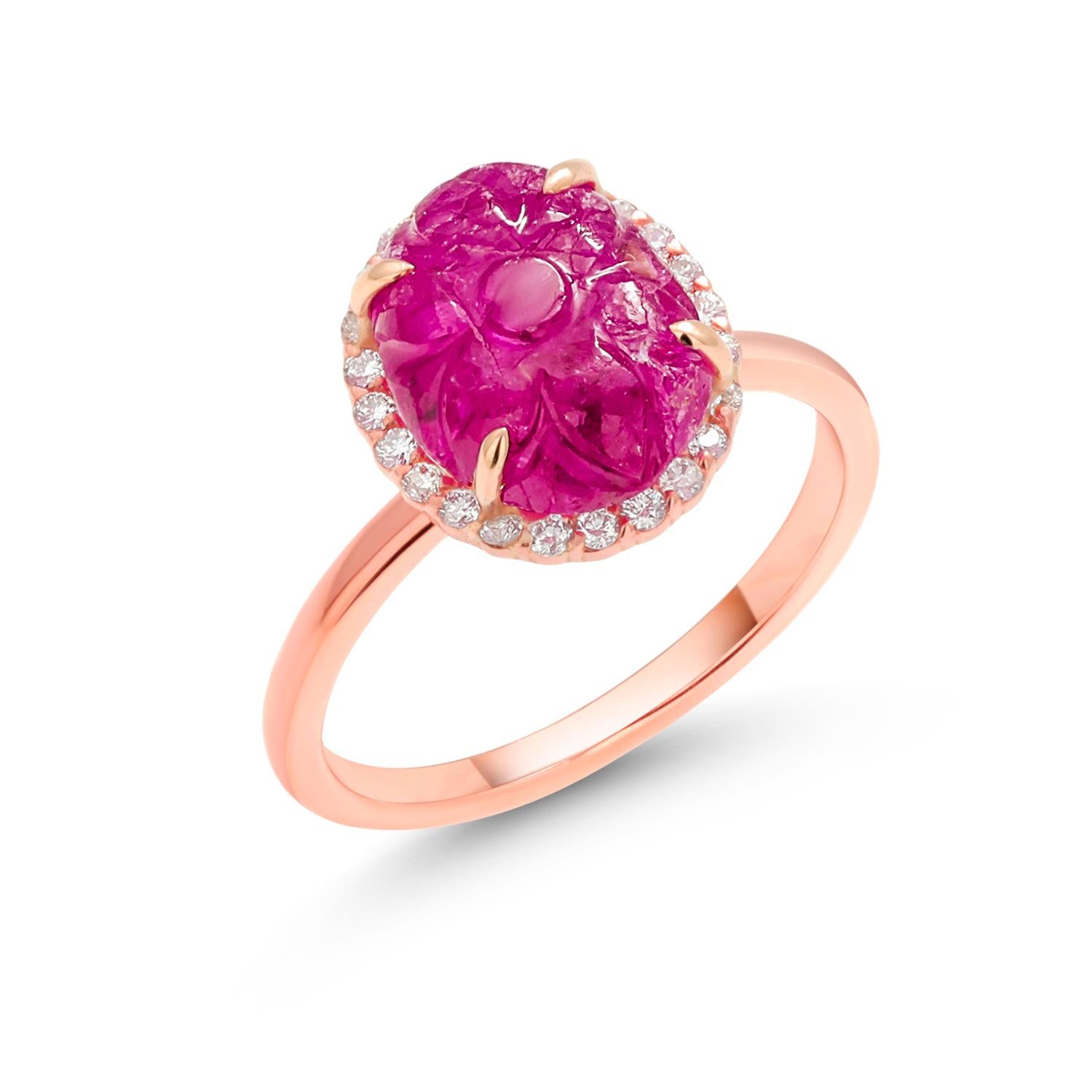 GIA Certified No Heat Burma Carved Ruby Diamond 4.69 Carat Rose Gold Ring  For Sale 2
