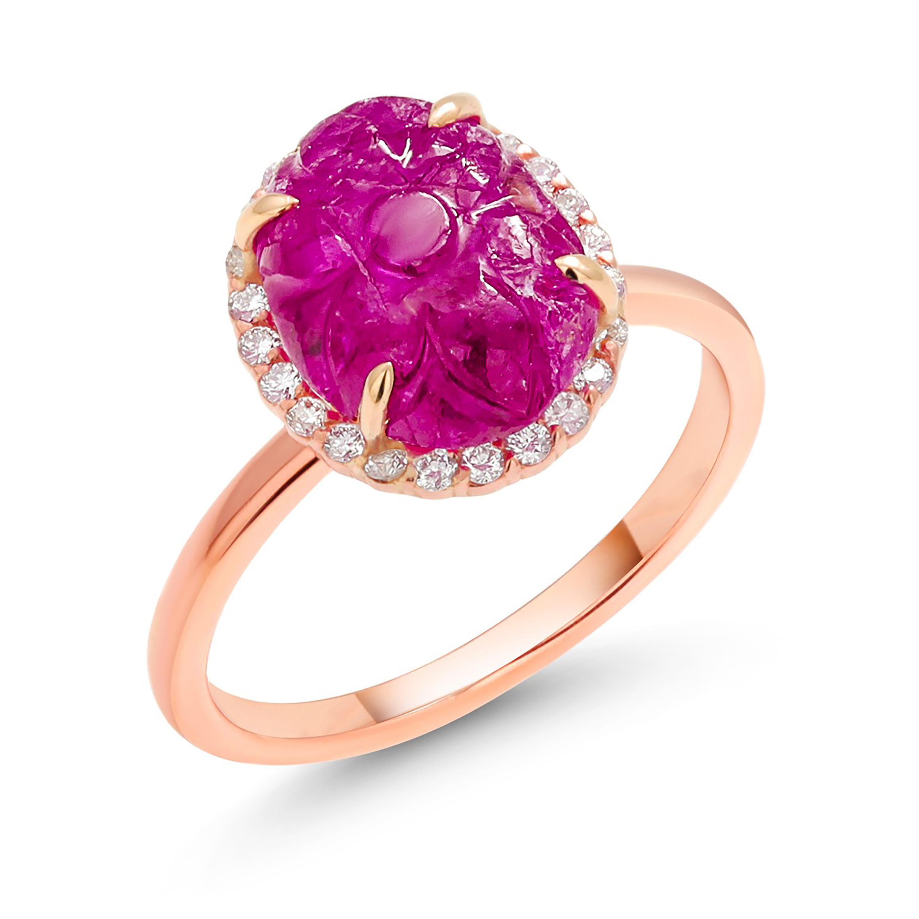 Contemporary GIA Certified No Heat Burma Carved Ruby Diamond 4.69 Carat Rose Gold Ring  For Sale