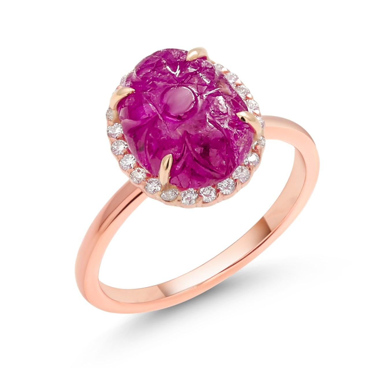 Women's GIA Certified No Heat Burma Carved Ruby Diamond 4.69 Carat Rose Gold Ring  For Sale